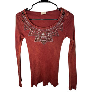 Daytrip Burnt Orange Boho Studded Thermal Long Sleeve Shirt